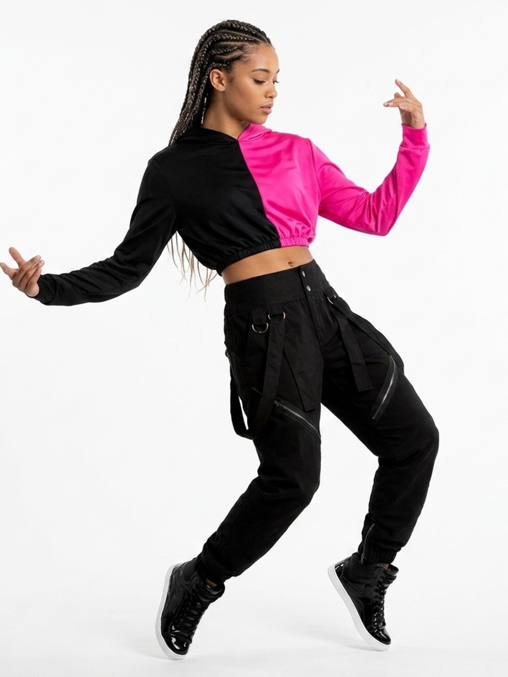 Kelle Dancewear Black Pink Hooded Long Sleeve Crop Top SA Dancewear
